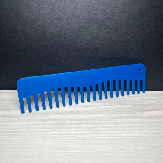 Heircomb Mini Wide Tooth Metal Comb in Matte Blue finish.