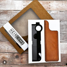 Load image into Gallery viewer, Heircomb Executor Metal Comb in Satin Black finish with Tan Sheath