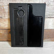 Load image into Gallery viewer, Heircomb Executor Metal Comb in Gunmetal finish with Black Leather Sheath
