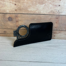 Load image into Gallery viewer, Heircomb Guardian Leather Sheath in Black finish pictured with Mini Executor in Silver Envy finish