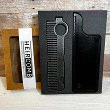 Load image into Gallery viewer, Heircomb Executor Metal Comb in Gunmetal finish with Black Leather Sheath.
