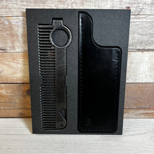 Load image into Gallery viewer, Heircomb Guardian Leather Sheath in Black Finish shown with Executor Comb in Gunmetal Grey finish.
